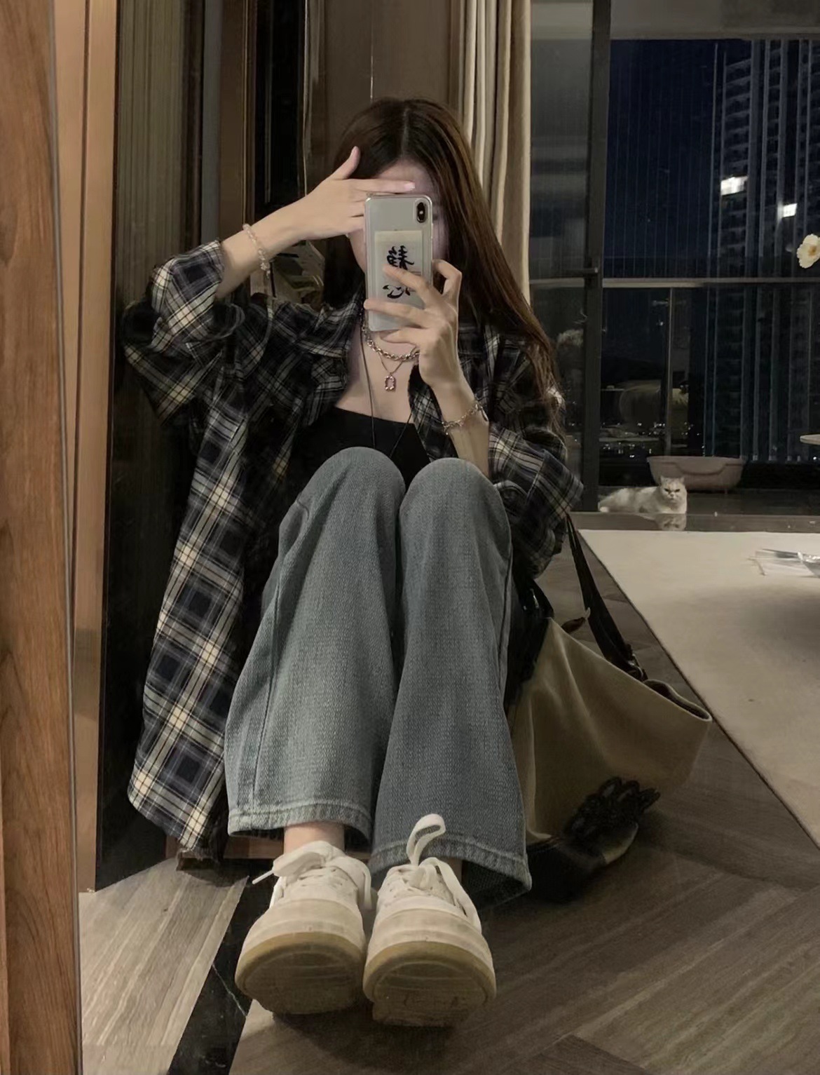 Retro Hong Kong style plaid shirt coat women's summer long-sleeved casual draping shirt design sense niche spring and autumn top