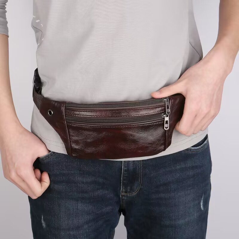 Men's Waist Bag Genuine Leather Waist Bag Men's Multifunctional Waterproof Waist Bag Mobile Phone Bag Business Cashier Waist Bag Wallet Coin Purse