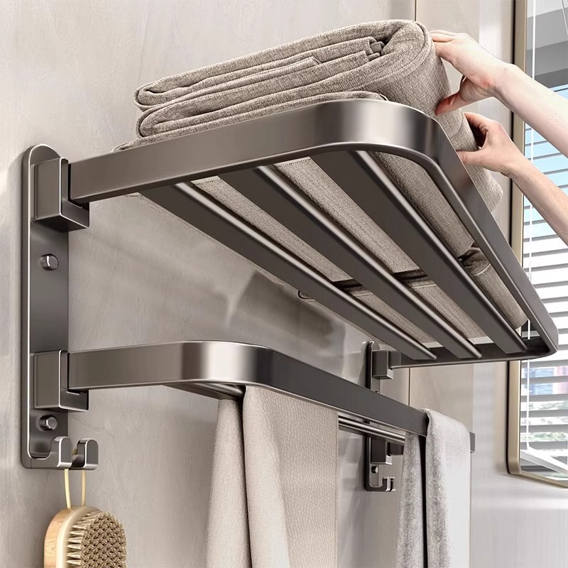 Space aluminum bathroom gun gray towel rack integrated punch-free toilet toilet rack wall-mounted towel rack