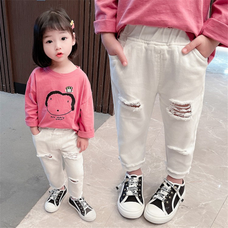 女童破洞牛仔褲春夏洋氣1-6歲寶寶韓版白色休閒褲3兒童彈力乞丐褲