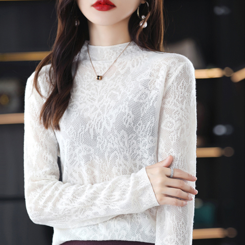 Worsted Woolen Sweater 2024 Spring New Women's Base Shirt French Fashion Lace Hollow Slim-Fit Sweater for Women