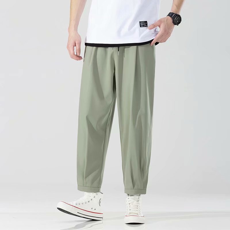 Summer Thin Ice Silk Sports Casual Pants Men's Korean-style Fashionable All-match Large Size Loose Straight Ankle-length Pants for Students