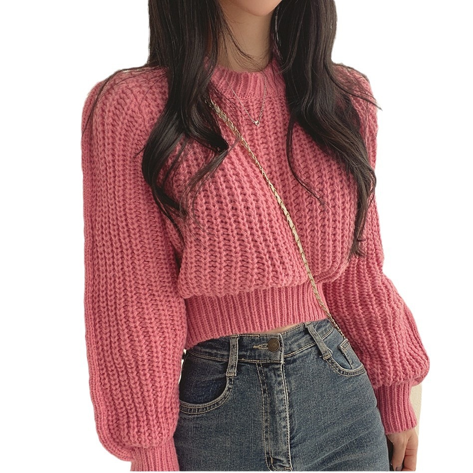 French style simple round neck knitted top for women autumn and winter New Niche College style sweet temperament loose outer sweater