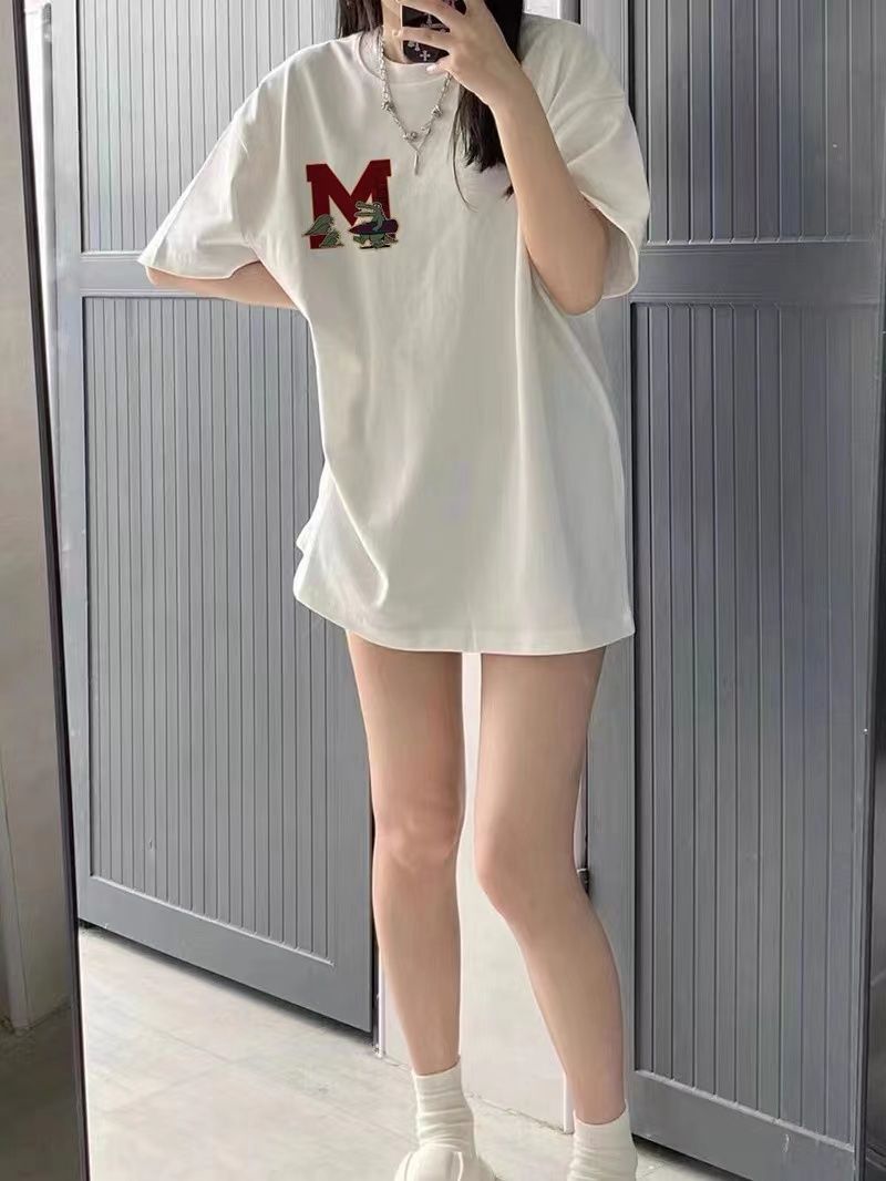 White cotton printed round neck loose oversize short-sleeved T-shirt for women summer  new early summer top