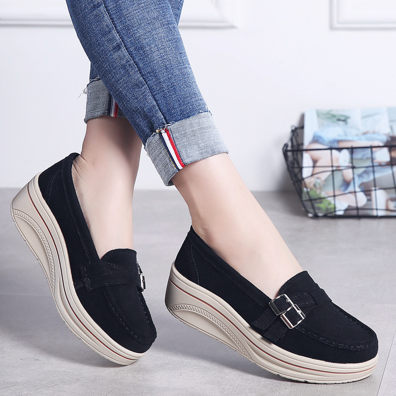 Spring and autumn thick-soled platform cake heel cowhide slip-on casual women's shoes frosted velvet leather mid-heel large-size women's shoes