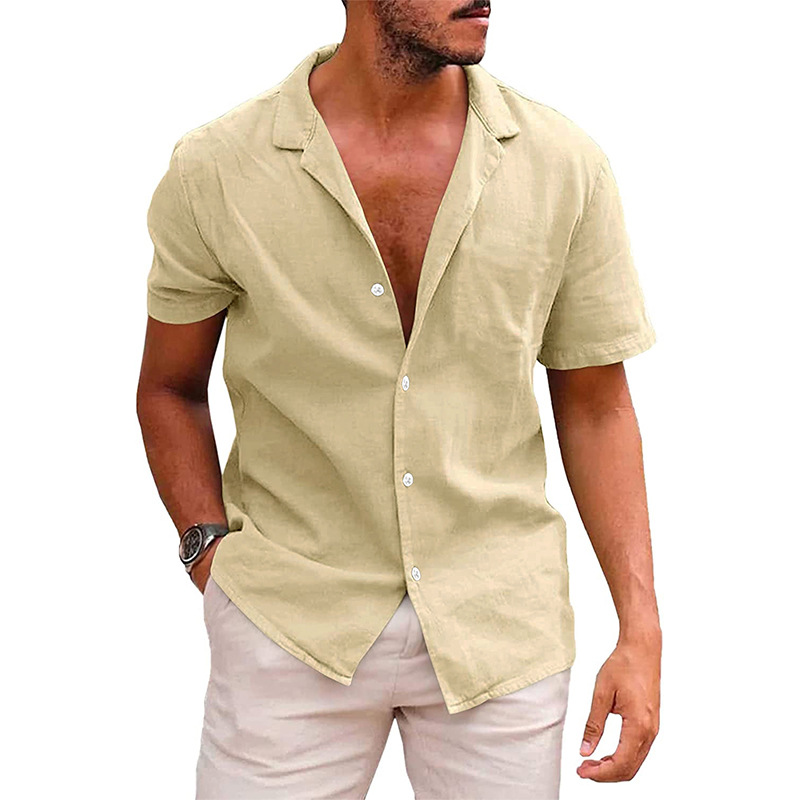 Amazon ebay hot summer lapel solid color short sleeve shirt button men's cotton and linen shirt men's clothing