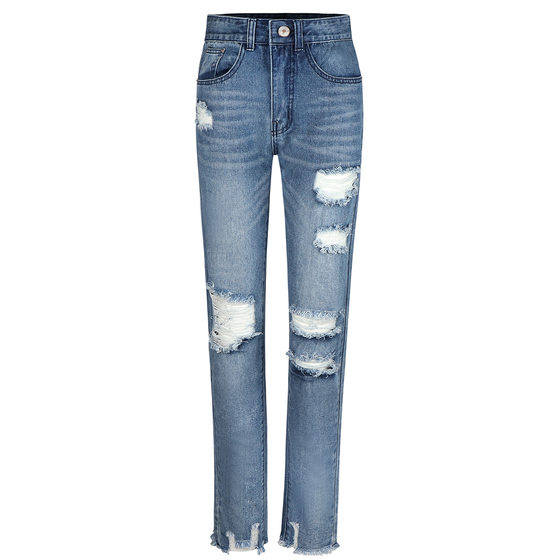 2021 Amazon wish cross-border independent station new women's tight solid color white-on denim ripped jeans