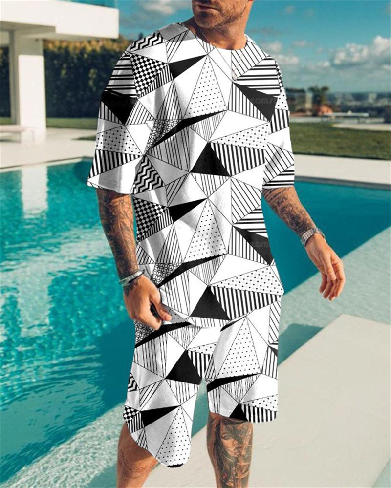 2023 AliExpress summer European and American 3D men's suit digital printing short sleeve shorts fashion sports two-piece set