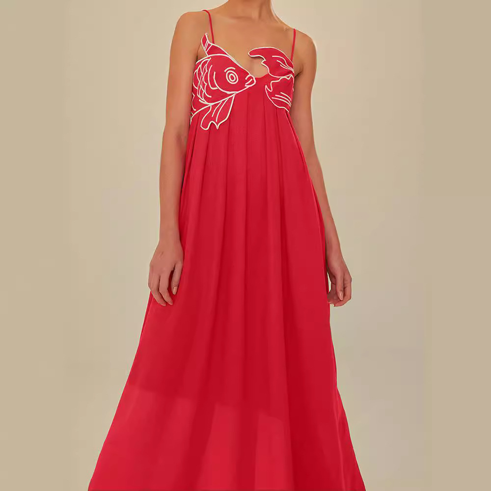 European and American Cross-border 2024 Summer New Fashion Distinctive Red Fish-shaped Tube-shaped dress Strap Backless Long Dress