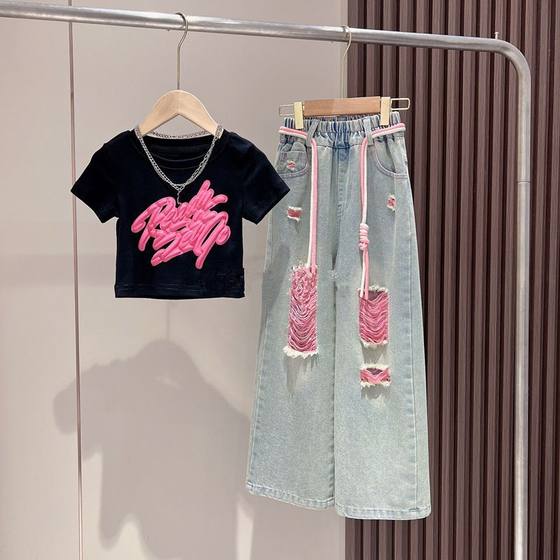 Girls' autumn new three-dimensional inkjet graffiti short-sleeved colorful Denim ripped pants suit children's western style wide-leg pants