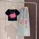 Girls' autumn new three-dimensional inkjet graffiti short-sleeved colorful Denim ripped pants suit children's western style wide-leg pants