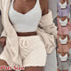 Cross-border women's clothing European and American winter plush homewear casual 3-piece pajamas long sleeve navel vest shorts suit