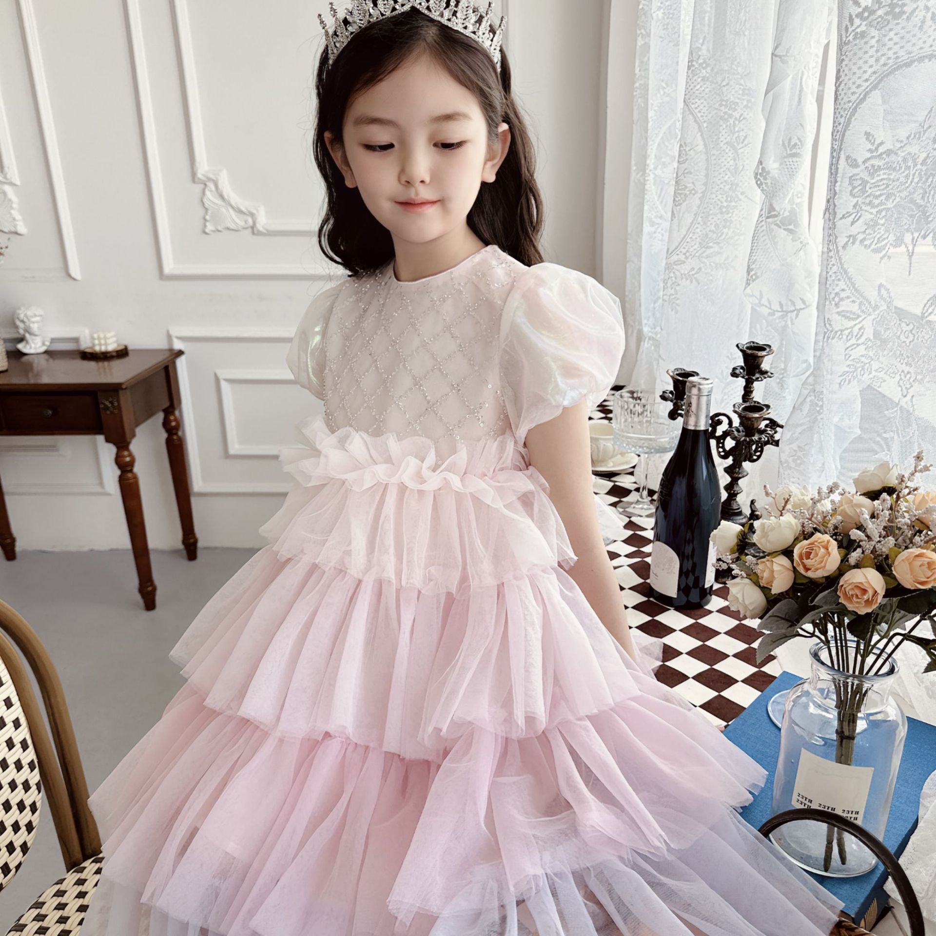 Factory Girl Dress 2023 Summer New Children's Mesh Ruffled Cake Skirt Stylist Princess Dress Ceremony Skirt