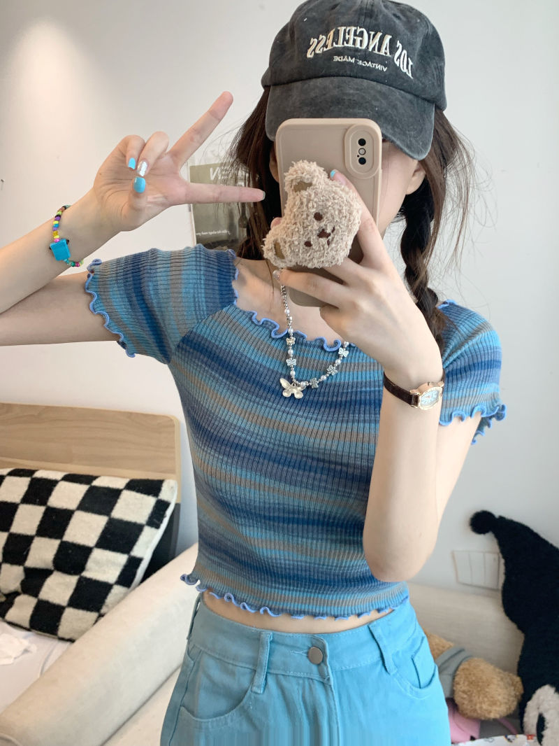 Hot girl one-shoulder short fungus-edged summer chic short-sleeved T-shirt top women's bottoming shirt striped shirt