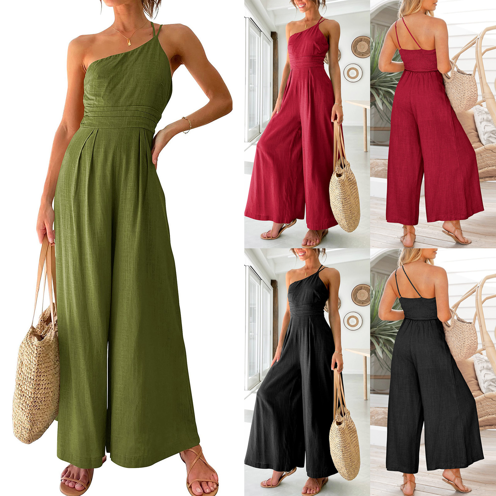 2022 European and American Foreign Trade Cross-border Women's Clothing Amazon Explosive Single Shoulder Strap Pleated High Waist Casual Wide Leg Jumpsuit