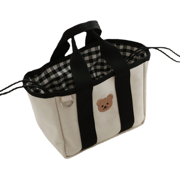 Korean Style ins Drawstring Storage Multi-Functional Portable Baby Walking Baby Bag Embroidered Bear Canvas Bag Lightweight Outgoing Bag