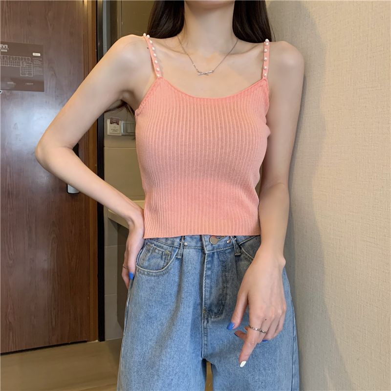 Pure lust style pearl camisole for women summer new design hot girl high waist exposed navel short sleeveless top trendy
