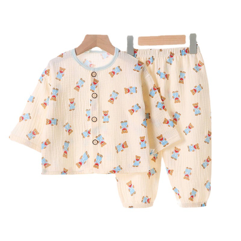 Children's Cotton and Linen Home Clothes Boys' Double-layer Cotton Gauze Girls' Short-sleeved Thin Suit Baby's Summer Air Conditioning Pajamas