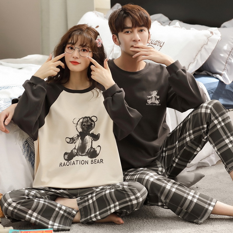 2023 Spring and Autumn Couple Pajamas Women's Pure Cotton Tight Sirospun Cartoon Bear Men's Home Clothes Factory Outlet