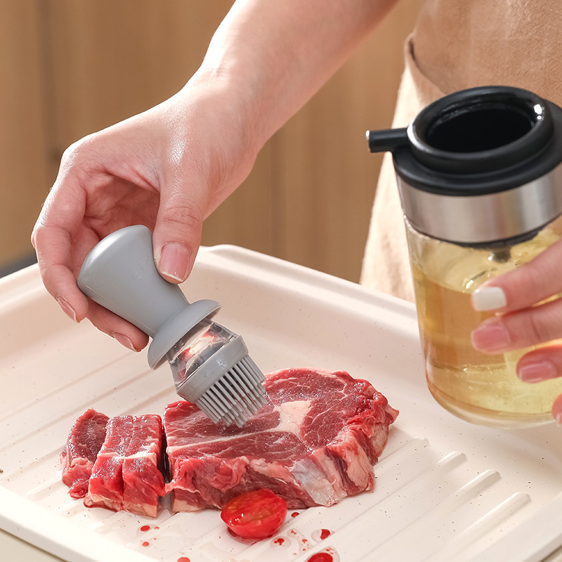 Kitchen Extrusion Silicone Brush Head Bottle Brush Inverted Integrated Stainless Steel Transparent Glass Oil Pot Oil Control Bottle Soy Sauce Vinegar Bottle