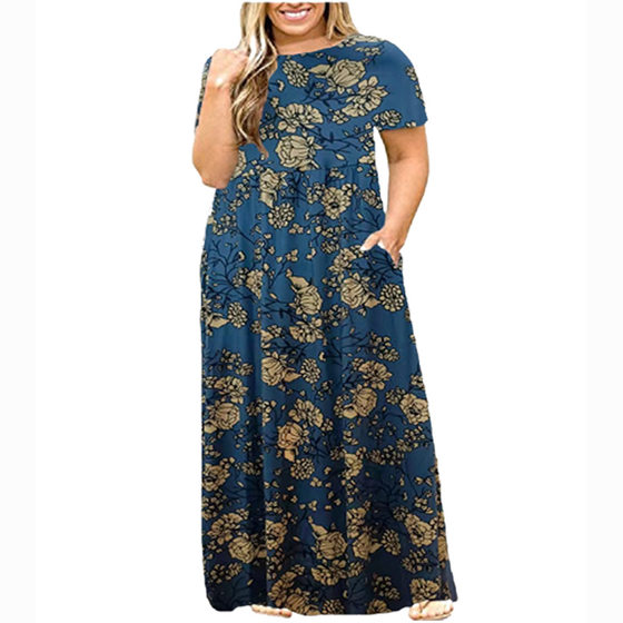 2024 summer European and American plus size women's wish Amazon short sleeve round neck solid color plus size dress printed dress