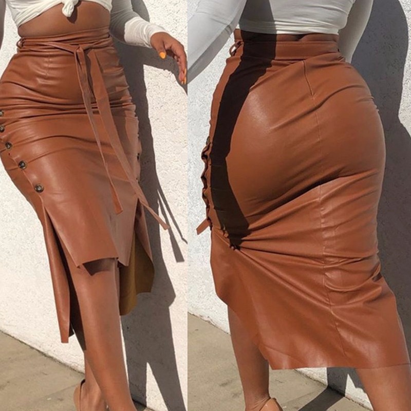 Autumn and Winter European and American Foreign Trade Leather Skirt Amazon Women's Split Slim Fit Mid-length Hip Skirt PU Skirt