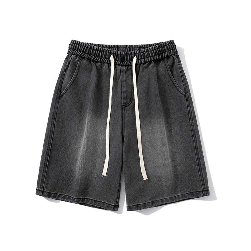 Men's Wear ∠ Denim Shorts Men's Trendy Brand American-style Hip-hop Loose Straight Casual All-match Solid Color Half Pants