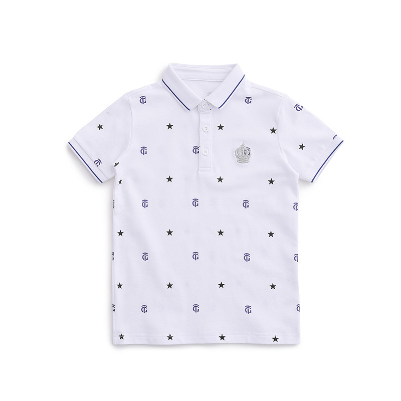 2022 New Summer Korean Style Children's polo Solid Color Full Printed Reverse Collar Men's Medium and Large Children's Printed Short Sleeve Top T-shirt