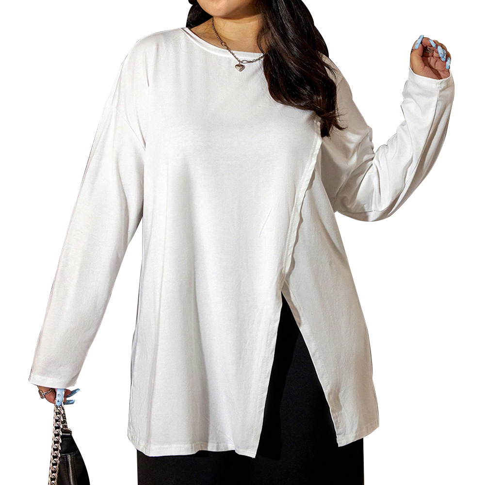 Cross-border European and American plus size women's clothing 2024 autumn and winter side slit T-shirt design bottoming shirt loose long-sleeved top