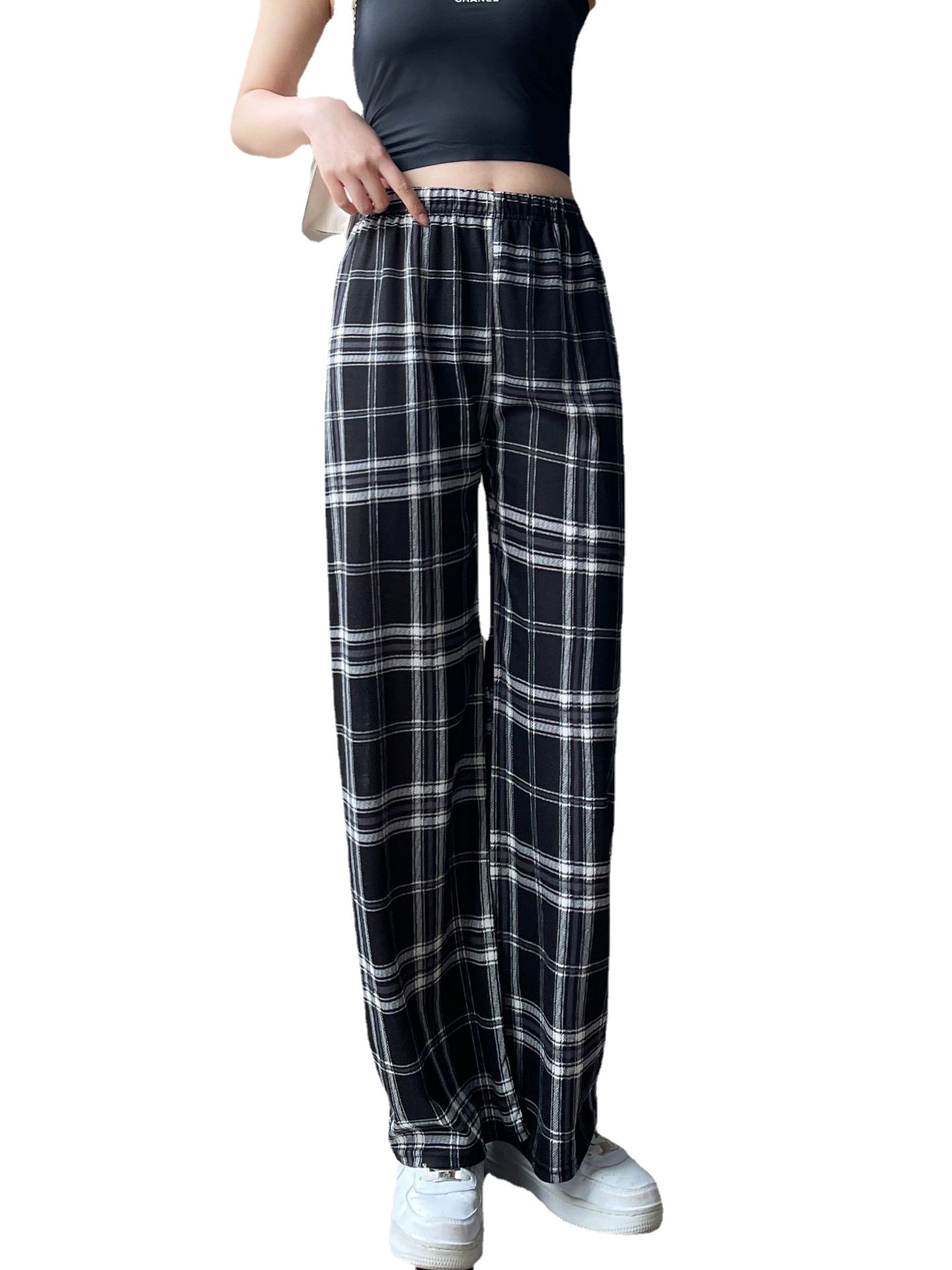 Plaid wide-leg pants spring and summer thin female students plus size versatile draping high waist slim slimming loose straight women's pants