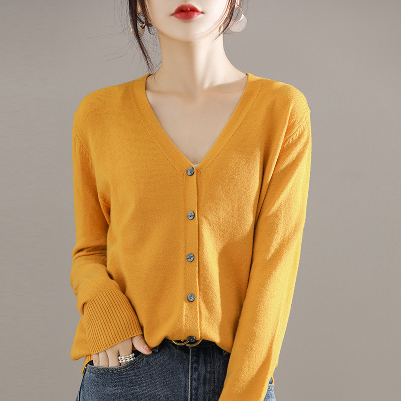 Autumn and Winter Thin V-Neck Knitted Cardigan Women's Solid Color Loose Long-sleeved Sweater Coat Inner Base Shirt Top