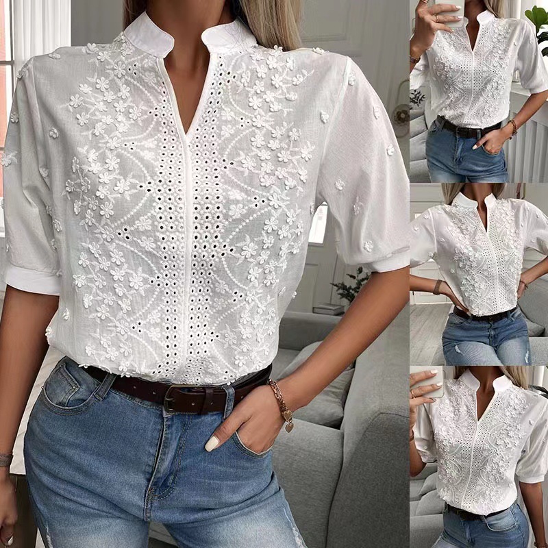 Cross-border 2022 summer European and American wish foreign trade Amazon women's clothing new V-neck stand collar embroidered lace top shirt