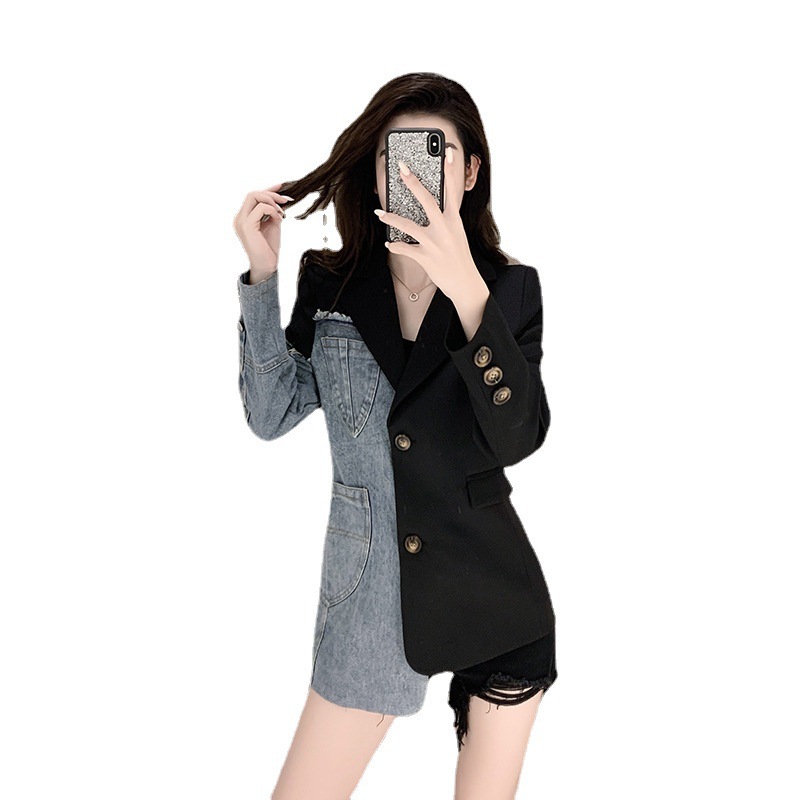 Fried street loose Denim stitching suit jacket for women Spring and Autumn new design asymmetric temperament contrast color top fashion