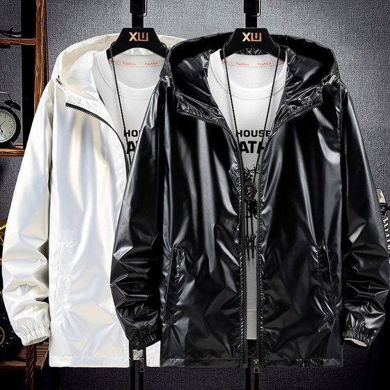 Spring and Autumn glossy jacket plus size trendy brand handsome silver men's jacket waterproof casual hooded sports Korean style top