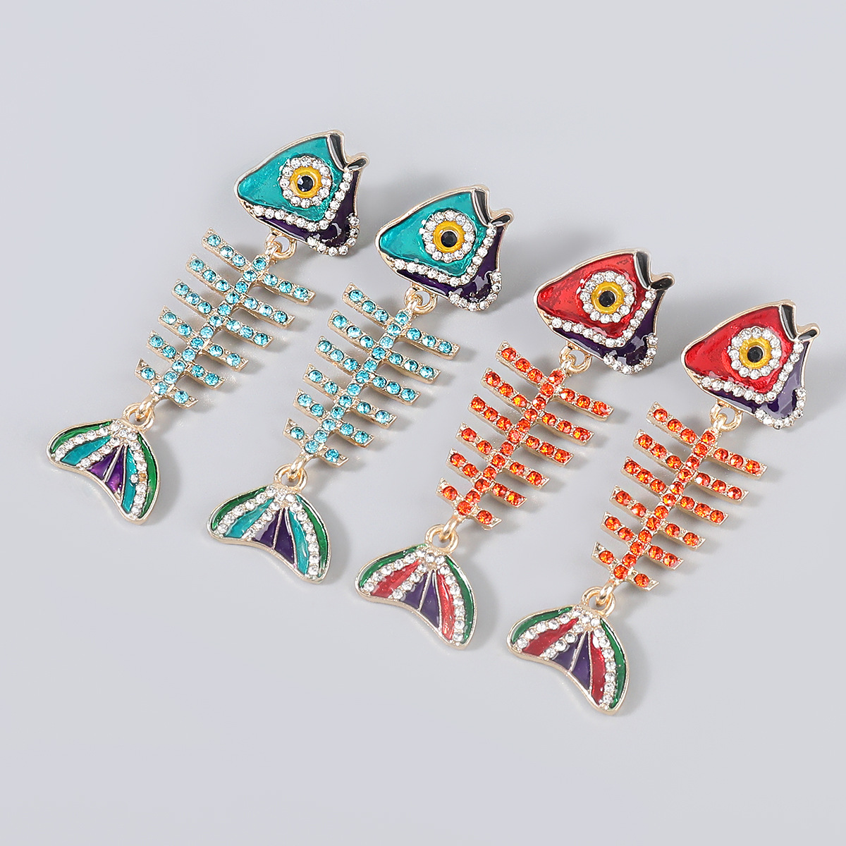 歐美創意合金滴油鑲鑽水鑽魚骨狀耳墜耳環女派對誇張耳飾earrings