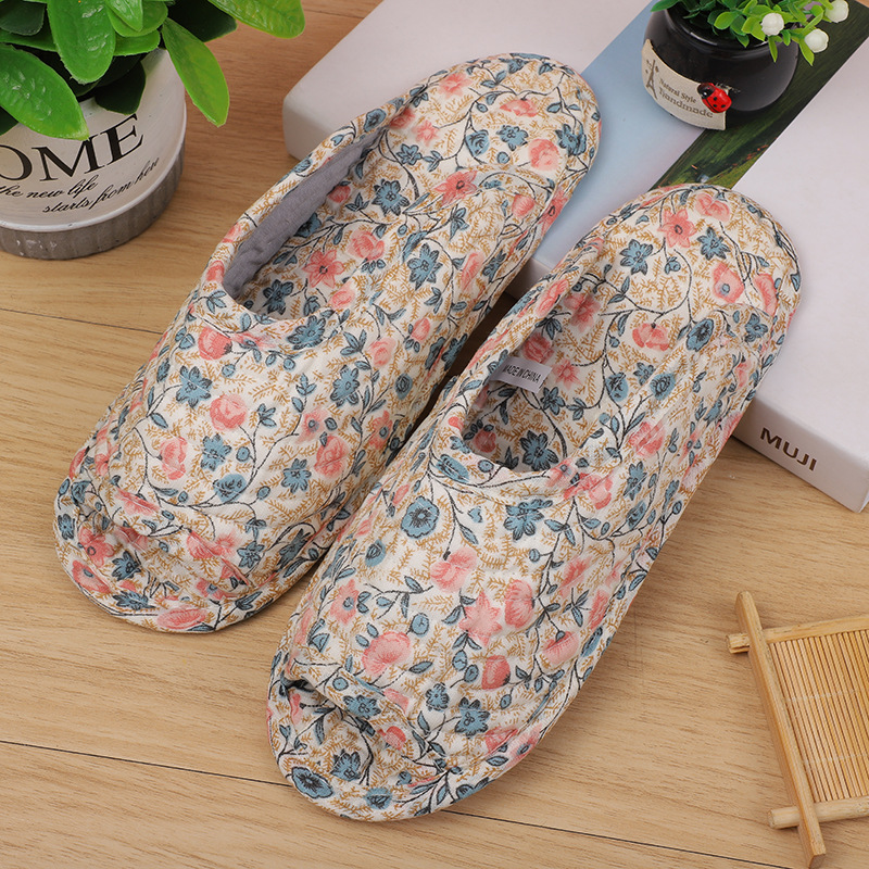 Wholesale Korean Style Pastoral Fabric Home Slippers Machine Washable Quilted Warm Soft Sole Non-Slip Carpet Shoes