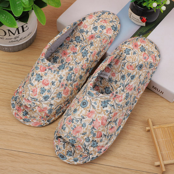 Wholesale Korean Style Pastoral Fabric Home Slippers Machine Washable Quilted Warm Soft Sole Non-Slip Carpet Shoes