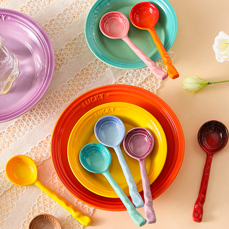 Colorful ceramic long-handled spoon creative high-value household small Spoon soup spoon dessert spoon spoon spoon tableware wholesale