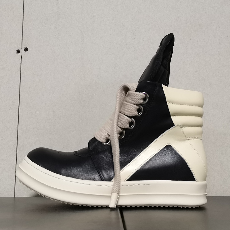 rricowees Spring European and American Fashion Ankle Boots Cowhide High-top Inverted Triangle Black and White Personalized Thick Sole Height Increasing Men's Shoes