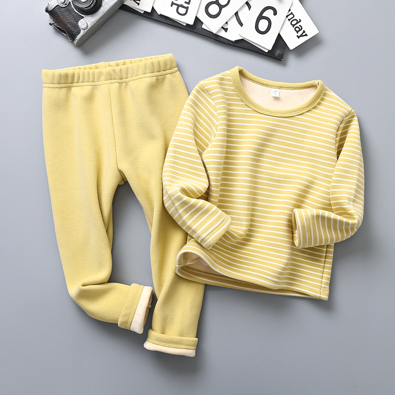 2023 autumn and winter children's fleece-lined thickened striped pajamas home wear small and medium boys and girls bottoming thermal underwear suit