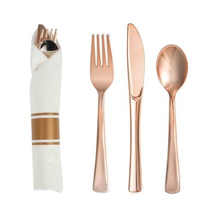 Amazon cross-border hot selling disposable plastic electroplating Golden knife, fork, spoon dust-free tissue set tableware wholesale