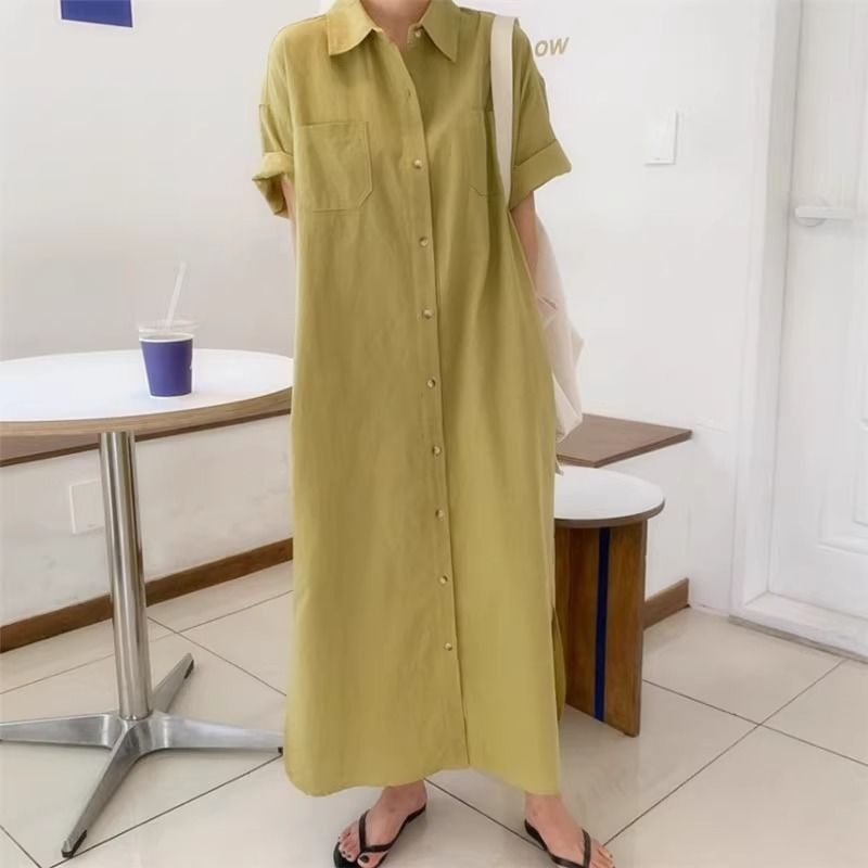 Cotton and Linen Shirt Dress Women's Summer Simple Long Tencel Ramie Short-sleeved Dress Over-the-knee Long Dress