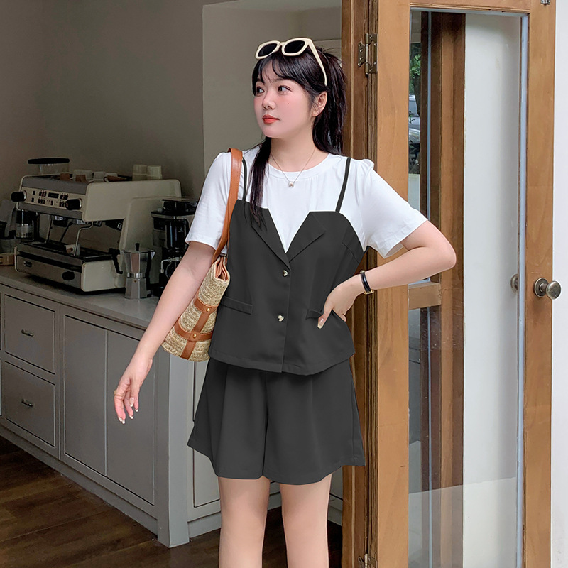 Enoch plus size Women's Fake Two-piece Top Shorts suit 2024 Summer New Meat Covering Two-piece 260415
