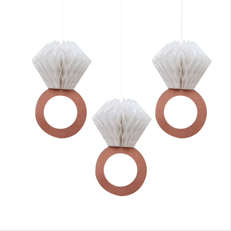 Wedding Venue Layout Rose Gold Diamond Ring Honeycomb Ball Hanging Ornaments Birthday Wedding Party Decoration Ring Hive Paper Ball