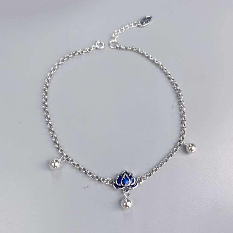 s925 Sterling Silver Blue Lotus Anklet Female Bell Foot Rope Original Design Retro Art Ancient Style Transfer Beads Foot Jewelry
