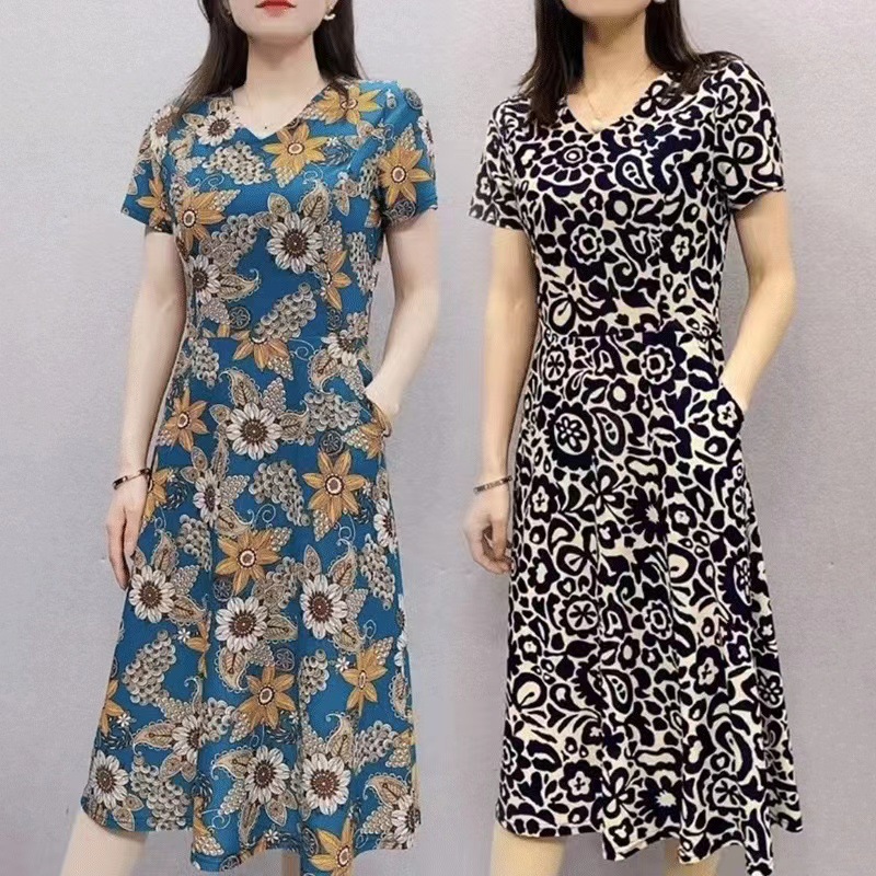 New Dress Women's Short-sleeved Ice Silk Breathable Summer New Belly Covering Slimming Elastic Elegant Mother Dress