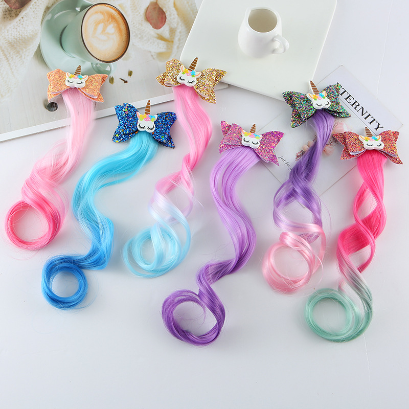 Factory Children Unicorn Hairpin Girl Shiny Bow Braided Curly Hair Wig Hair Twig Children Princess Dress Up