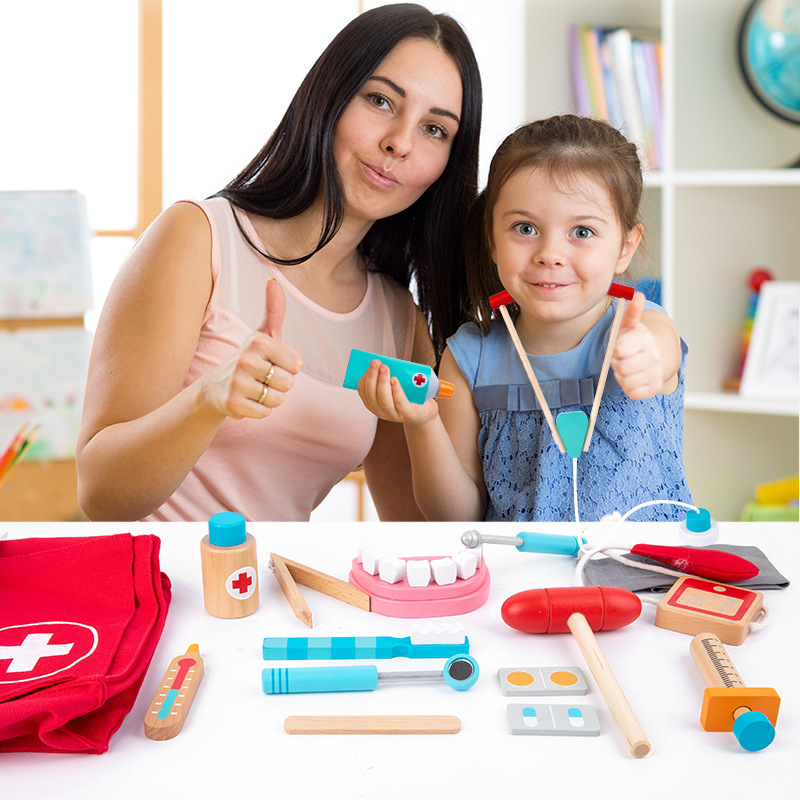 Wooden Children's Doctor Toy Set Girl's Injection Simulation Satchel Medical Bag Home Stethoscope