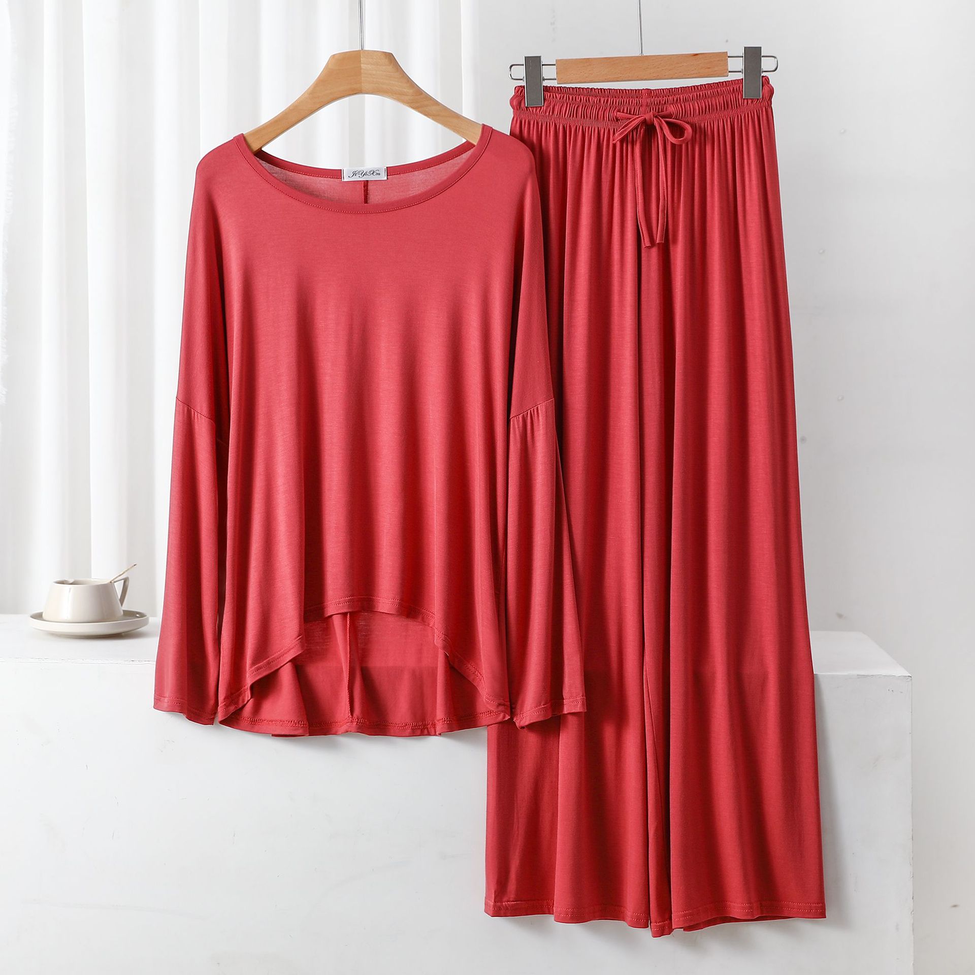 Modal thin batwing sleeve suit women's summer plus size long sleeve trousers simple loose homewear pullover