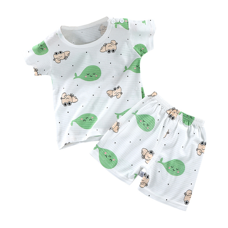 Children's Pajamas Set Short-sleeved Home Clothes Baby Air-conditioning Clothes Small and Medium-sized Boys and Girls Summer Clothes Thin Slub Cotton